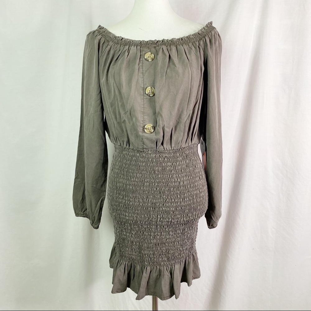 C’est Toi Off Shoulder Ruffle Hem Shirred Mini Dress Taupe Lg NEW